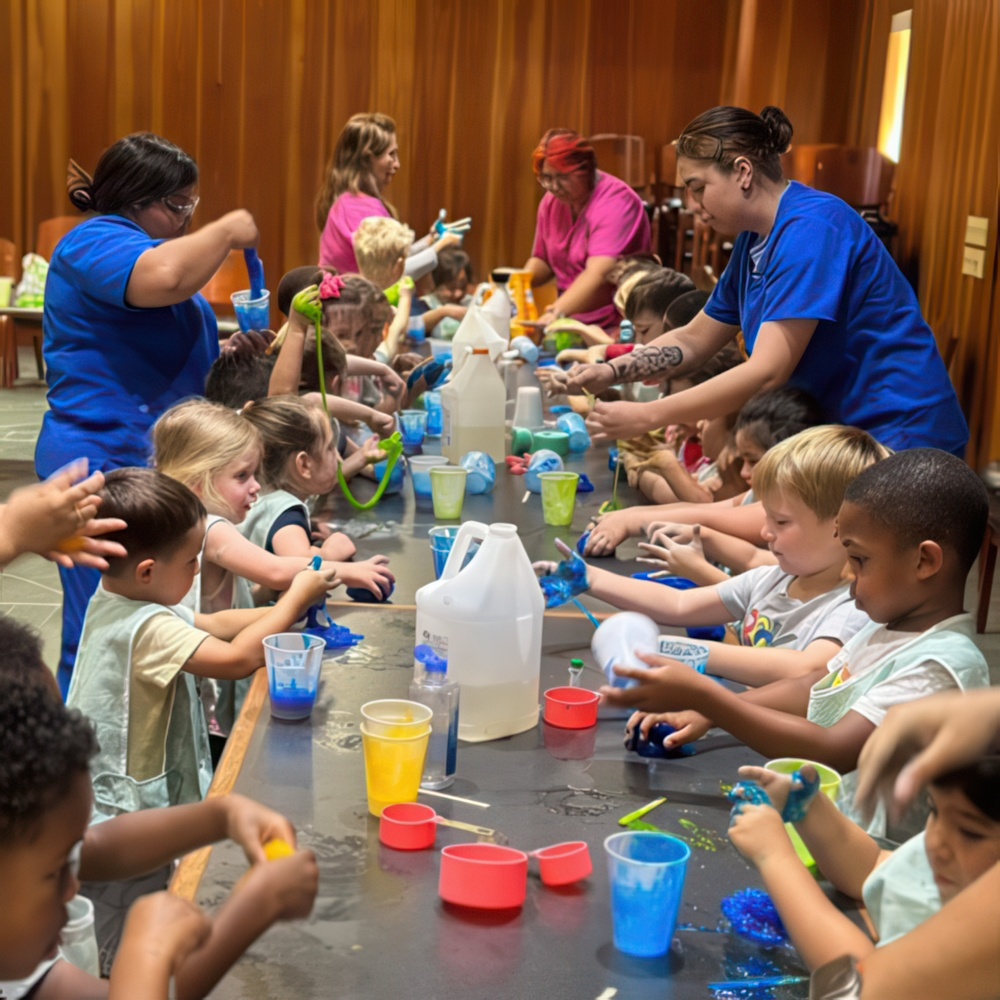 Kids mix colorful materials at a table with teachers, enjoying a fun and messy hands-on activity together.