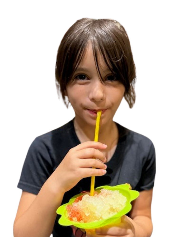 A collage of kids: one stirs a drink, another smiles in a Yoda shirt, and others pose playfully, all showing joy.