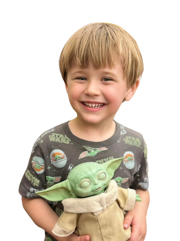 A collage of kids: one stirs a drink, another smiles in a Yoda shirt, and others pose playfully, all showing joy.