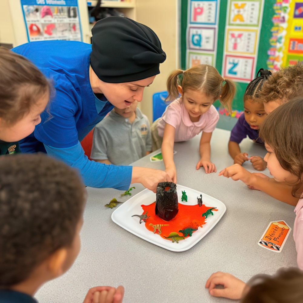 A teacher demonstrates a fun science experiment with a volcano as excited children gather around, pointing and observing.