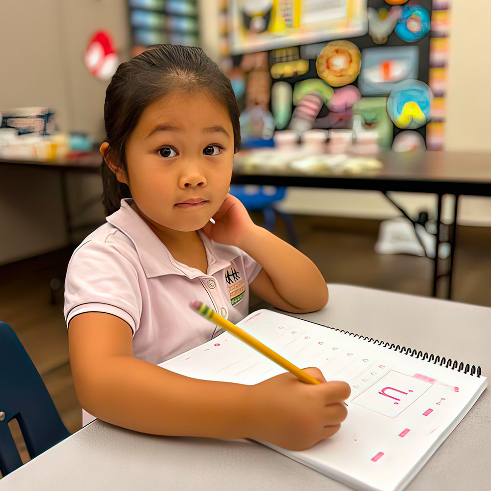 A girl in a pink shirt focuses on her writing at a desk, demonstrating engagement and concentration in class.