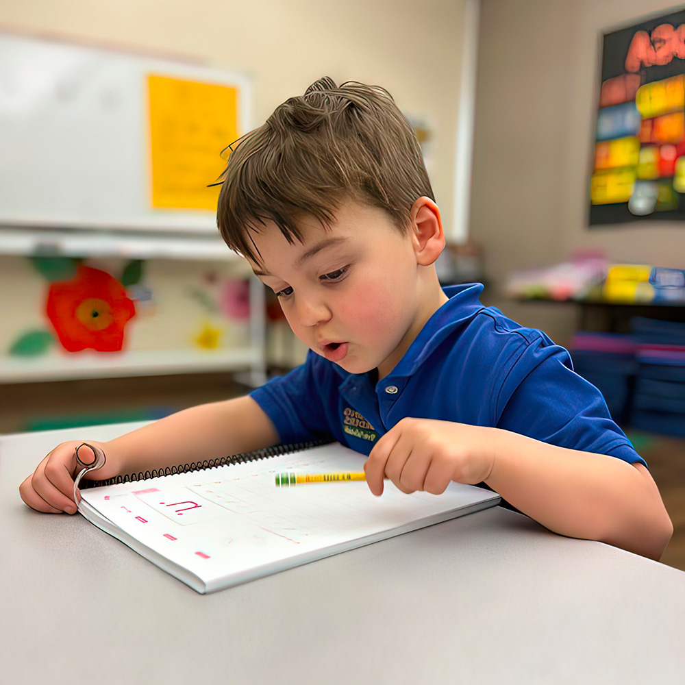 A focused boy in a blue shirt writes in a notebook at a table, engaged in learning and creativity in a classroom setting.