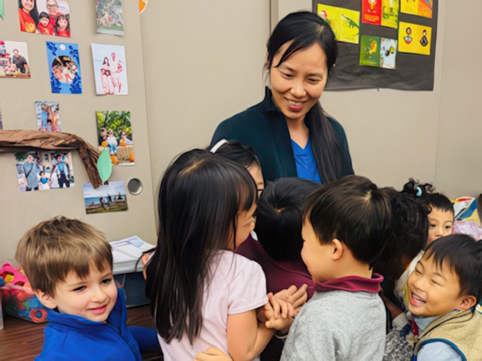 A teacher interacts with a group of smiling children in a lively classroom filled with colorful artwork and photos.